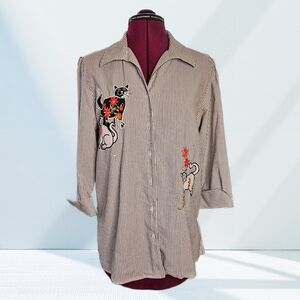 Blair Woman’s Cat Lover Embroidered Casual Button Up Striped Top 3/4 Sleeve